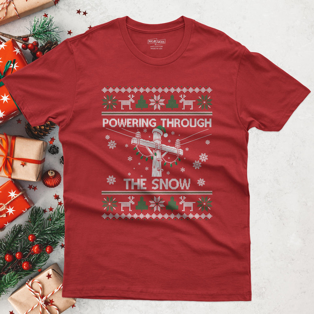 Powering Through the Snow Lineman Christmas T-Shirt in Red