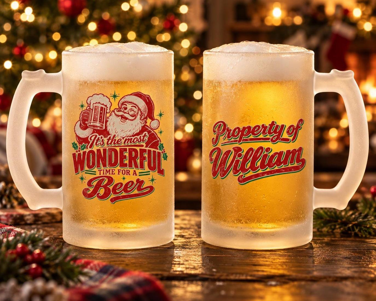 Most Wonderful Time for a Beer Personalized Beer Mug - two frosted beer mugs showing the Santa front and the name William on the back