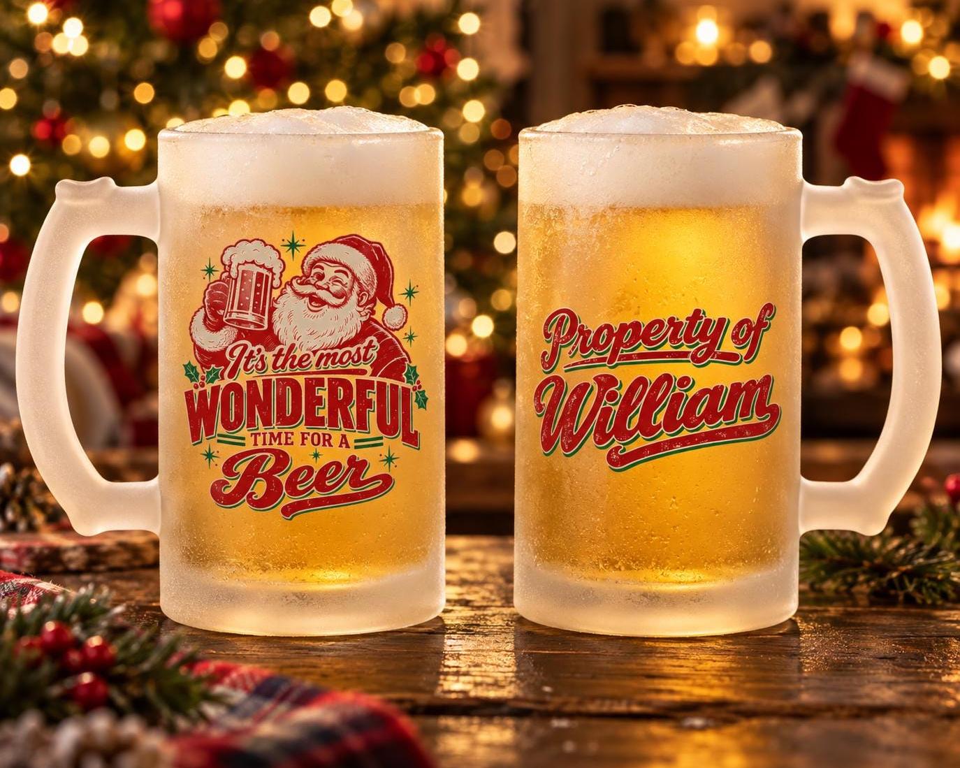 Most Wonderful Time for a Beer Personalized Beer Mug - two frosted beer mugs showing the Santa front and the name William on the back