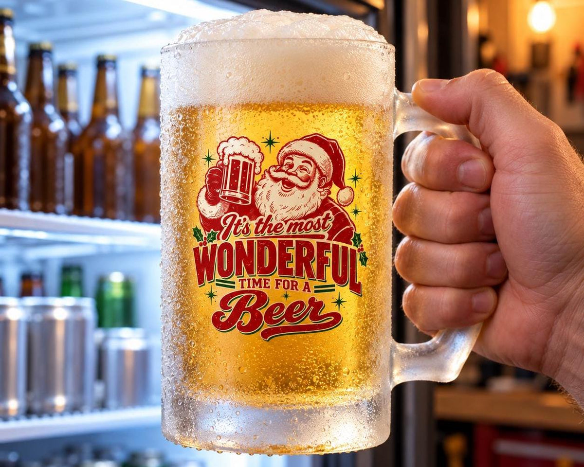 Most Wonderful Time for a Beer Personalized Beer Mug - hand holding the mug with the Santa design in front of a beer fridge