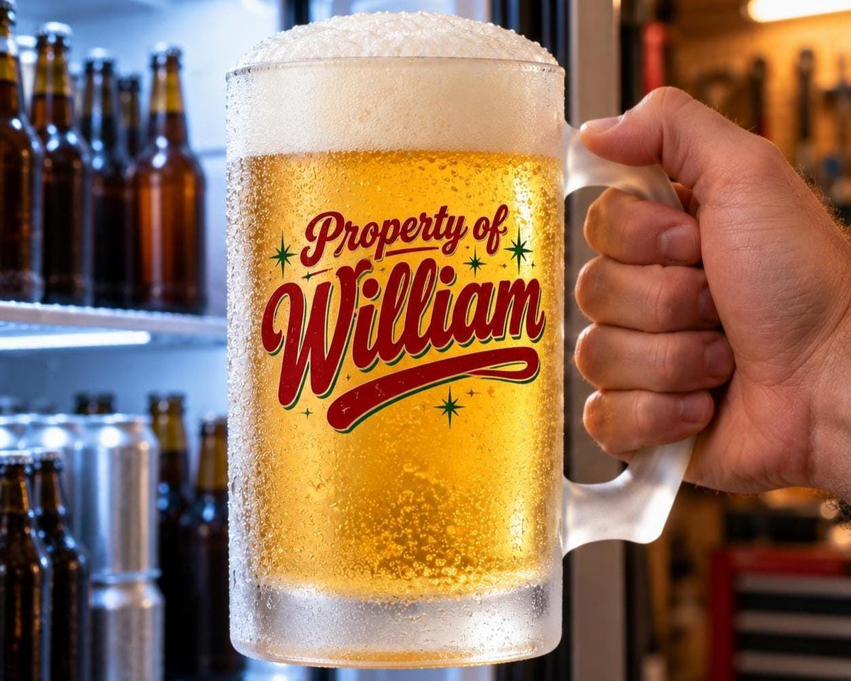 Most Wonderful Time for a Beer Personalized Beer Mug - back of the mug with Property of William