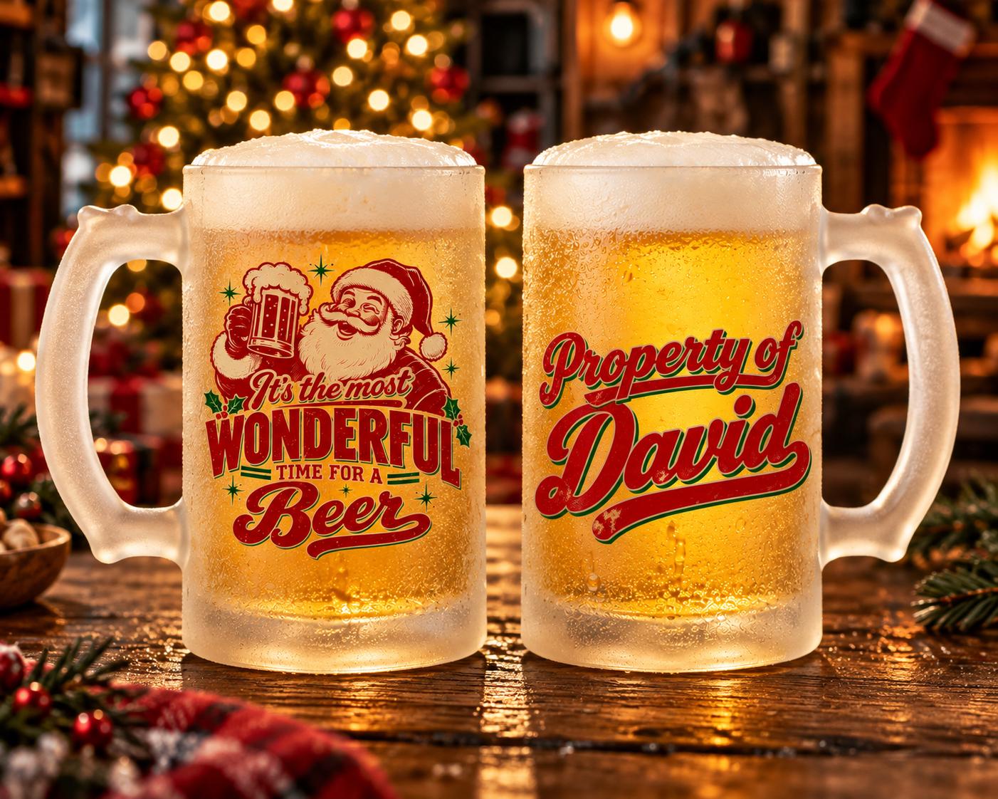 Most Wonderful Time for a Beer Personalized Beer Mug - two mugs on a bar showing the front and the name David on the back