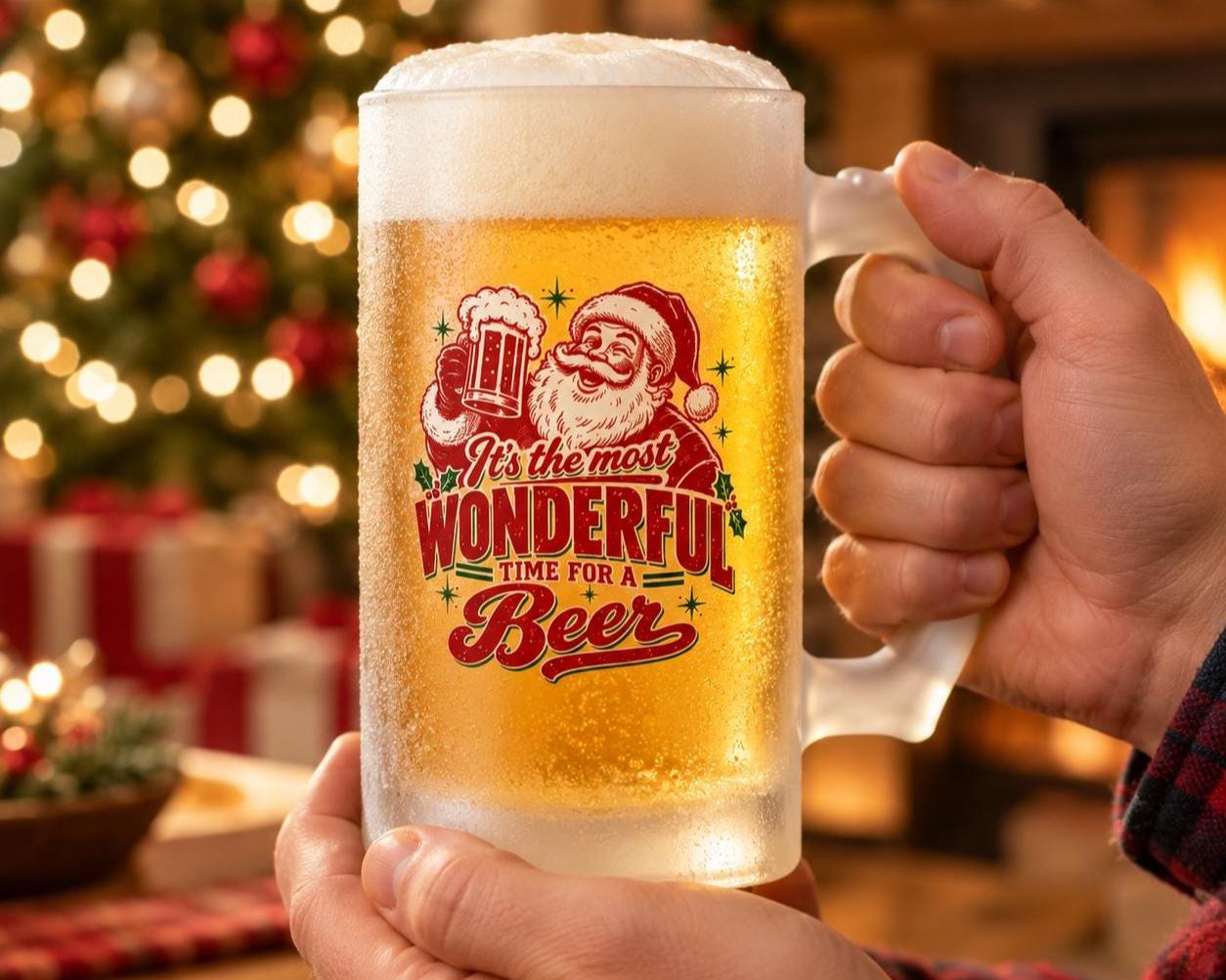 Most Wonderful Time for a Beer Personalized Beer Mug - mug held by the handle in front of a Christmas tree