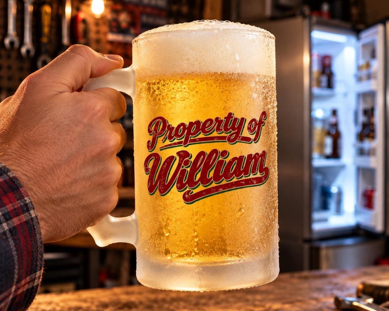 Most Wonderful Time for a Beer Personalized Beer Mug - back of the mug with the name held in front of a fridge
