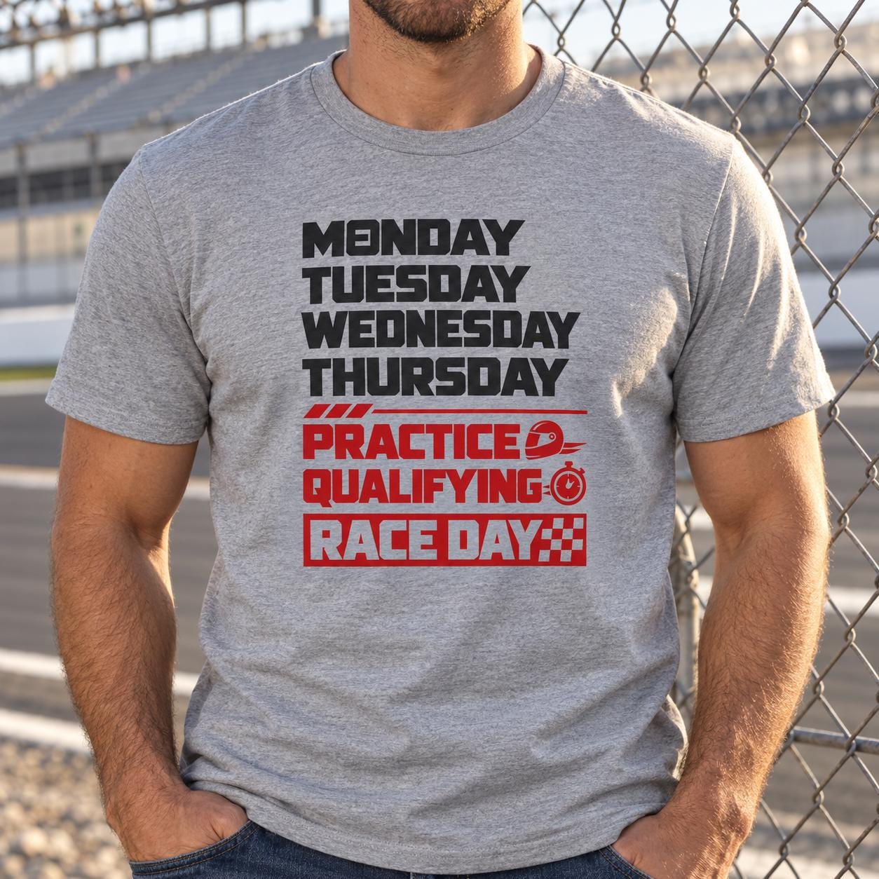 Race Weekend T-Shirt - man in the sport grey t-shirt at a race track fence