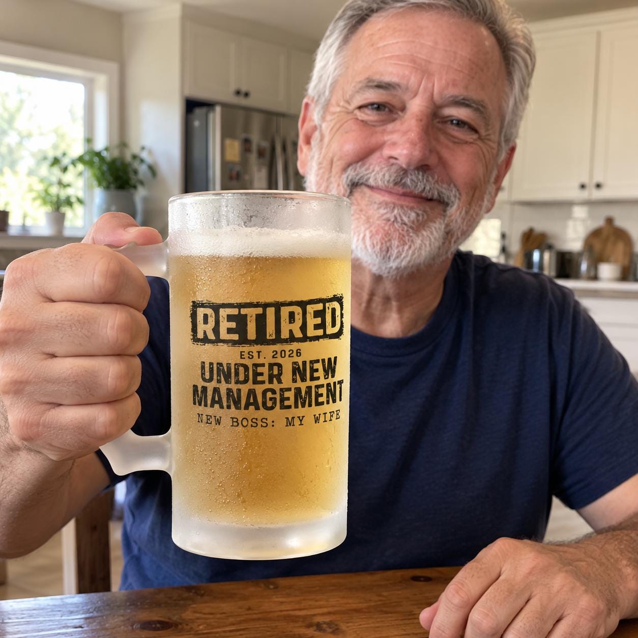 Retired Under New Management Personalized Beer Mug - retiree holding the frosted mug: Retired Est. 2026, New Boss: My Wife