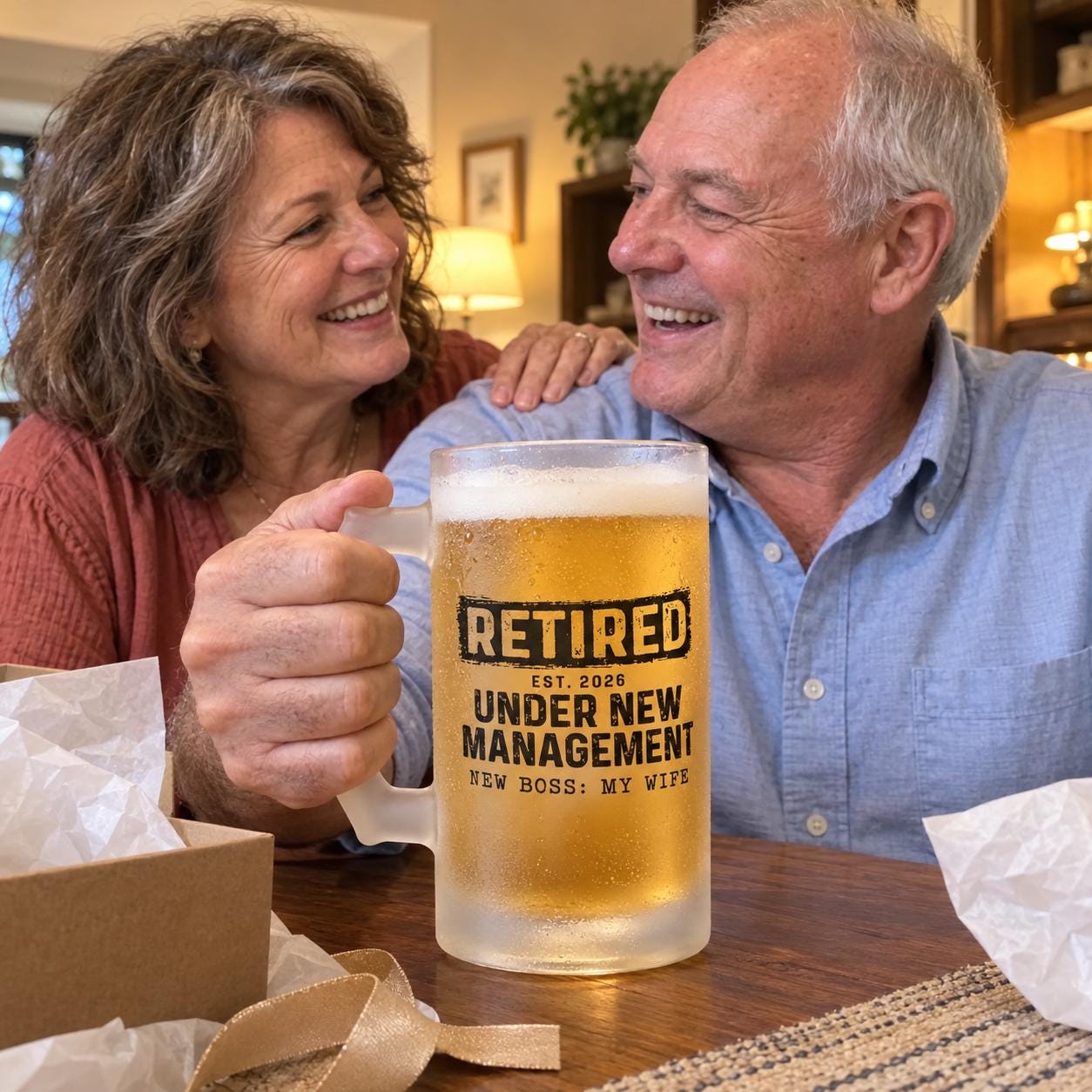 Retired Under New Management Personalized Beer Mug - retired husband and his laughing wife with the mug and gift box