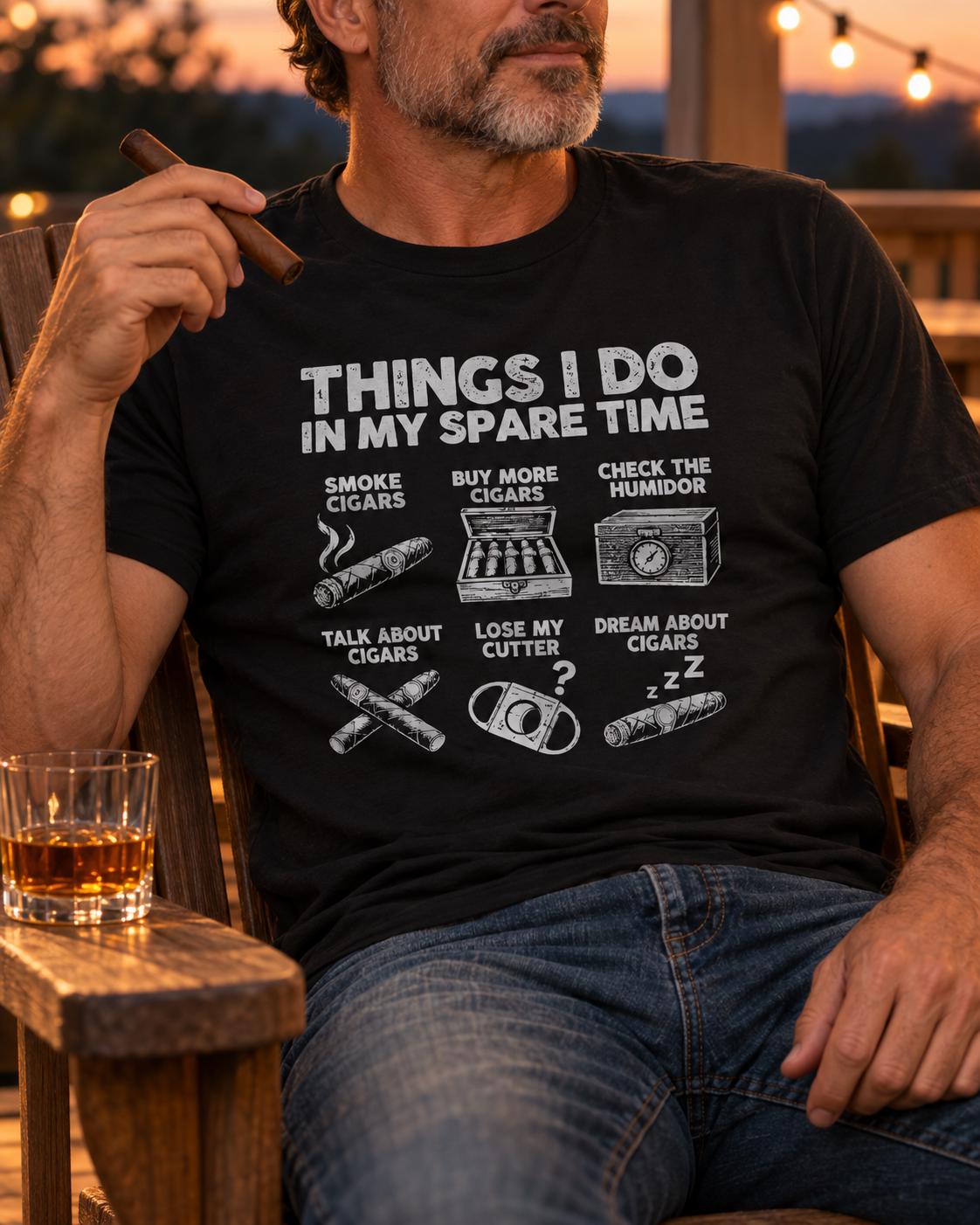 Things I Do In My Spare Time Cigar T-Shirt - man in the black t-shirt with a cigar and a glass of whiskey on the porch