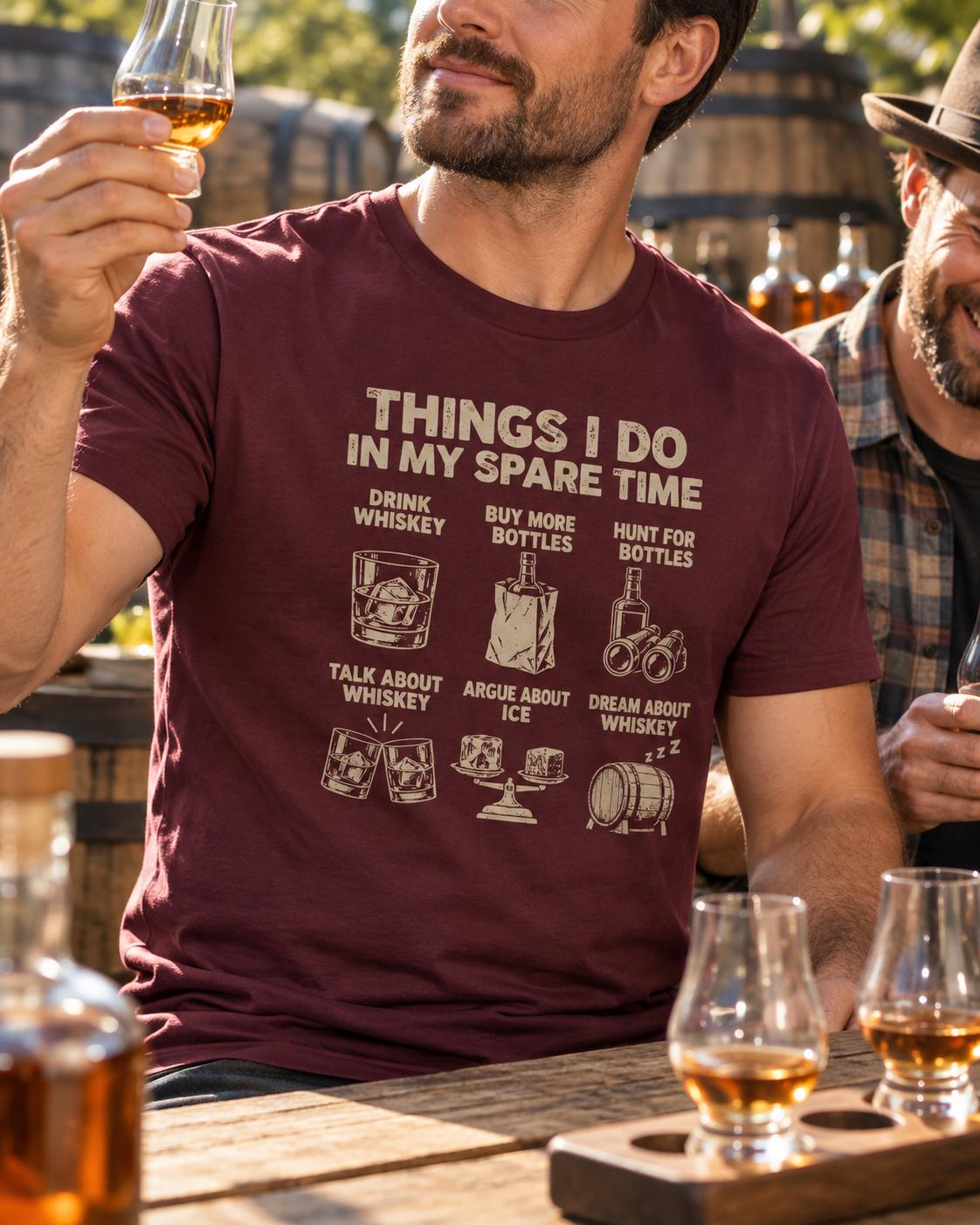 Things I Do In My Spare Time Whiskey T-Shirt - man in the maroon t-shirt at a whiskey tasting