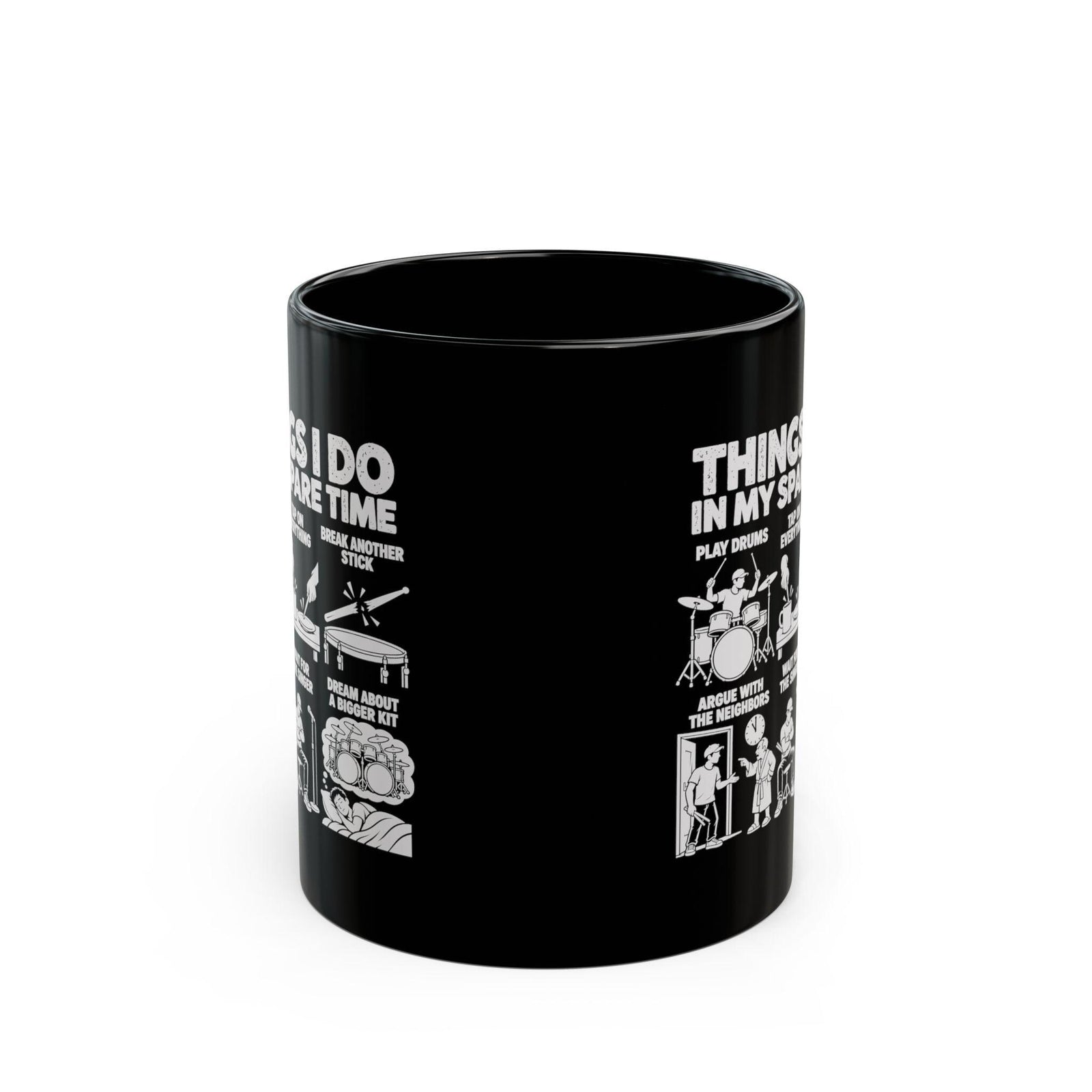 11 oz drummer spare time mug, side view showing both prints