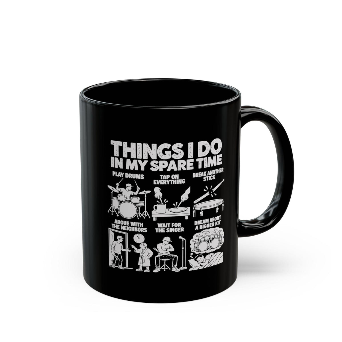 11 oz drummer spare time mug, angled view with the handle on the right