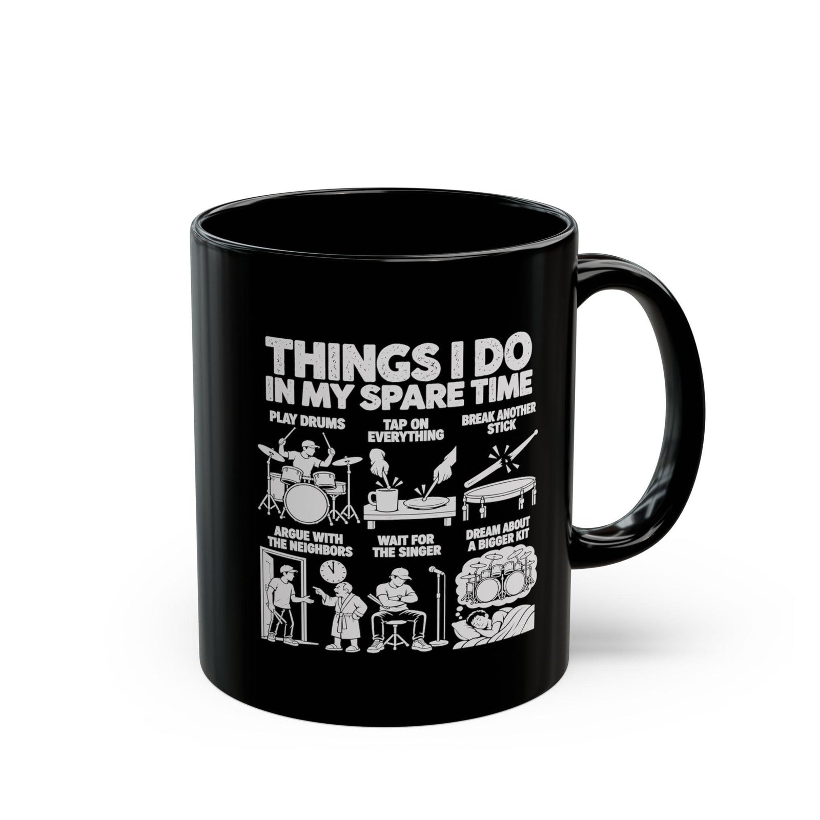 11 oz drummer spare time mug, angled view with the handle on the right