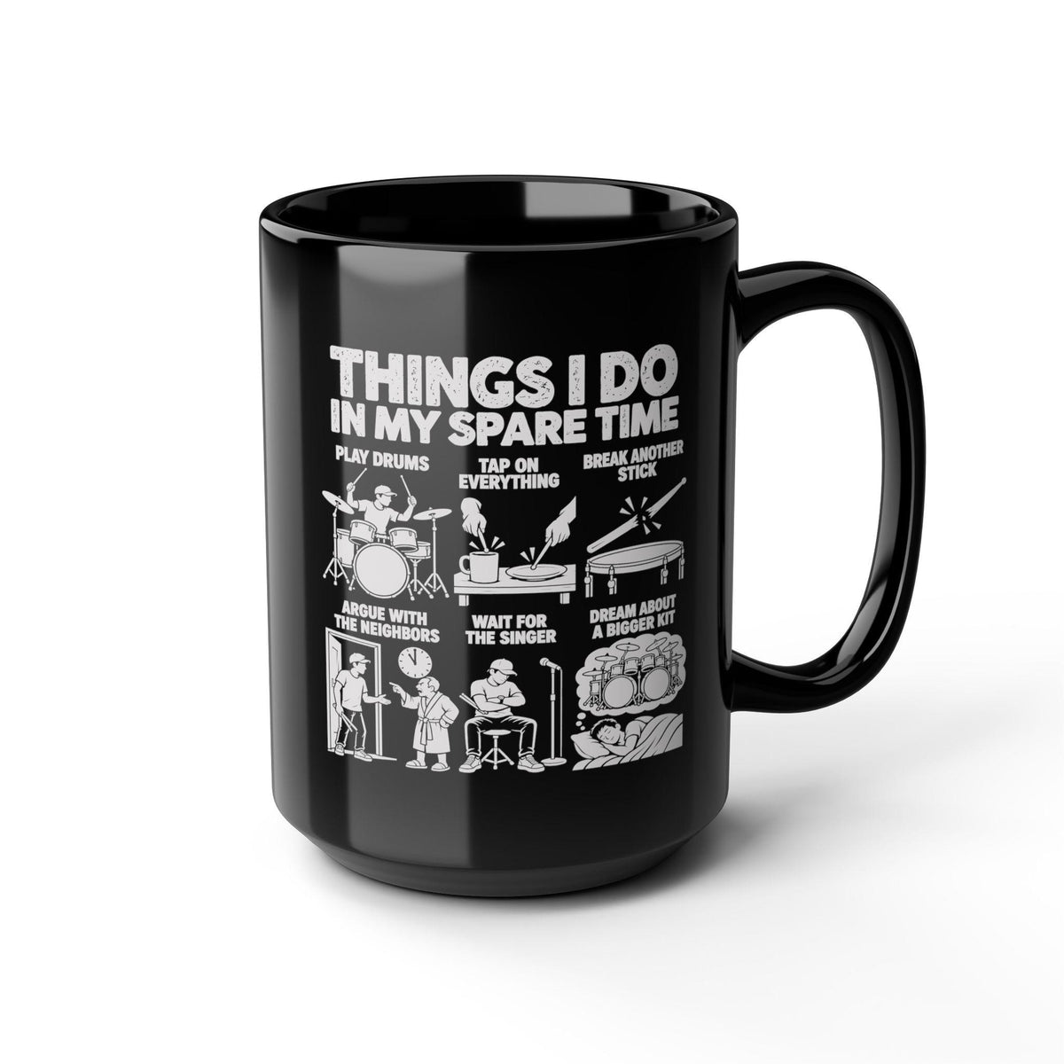 15 oz drummer spare time mug, angled view