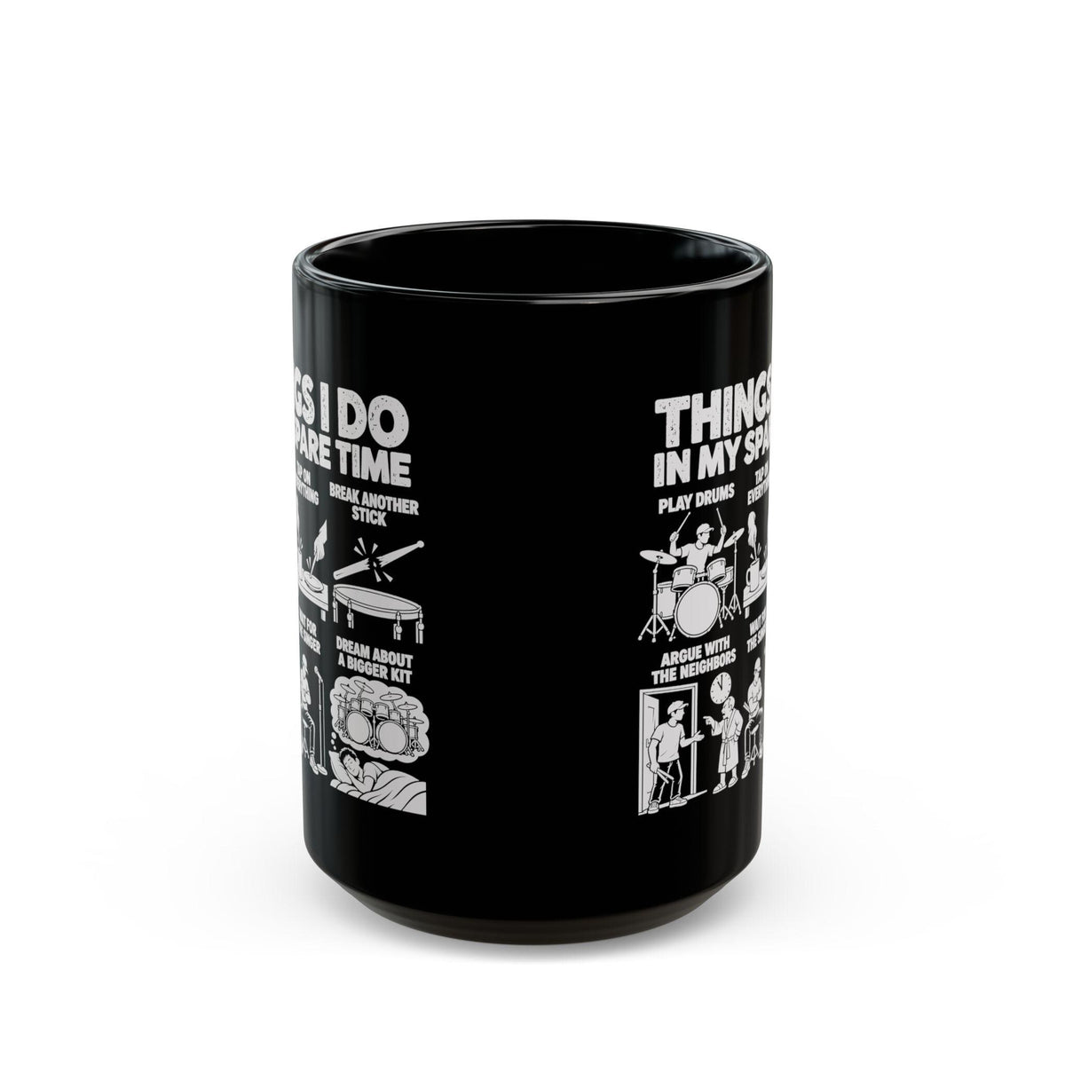 15 oz drummer spare time mug, side view showing both prints