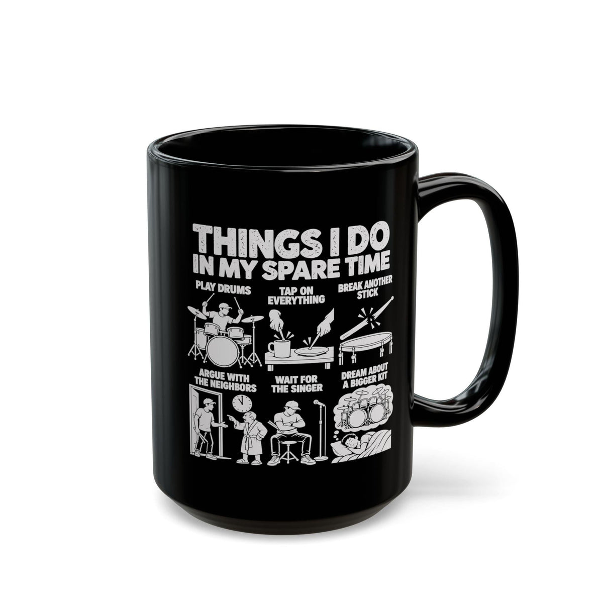 15 oz drummer spare time mug, angled view with the handle on the right