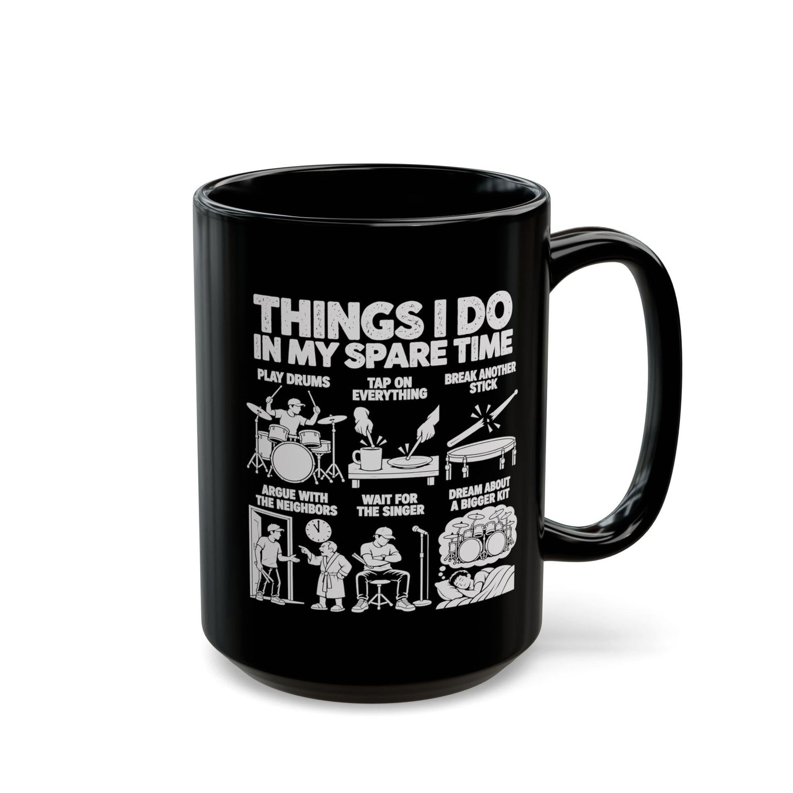 15 oz drummer spare time mug, angled view with the handle on the right