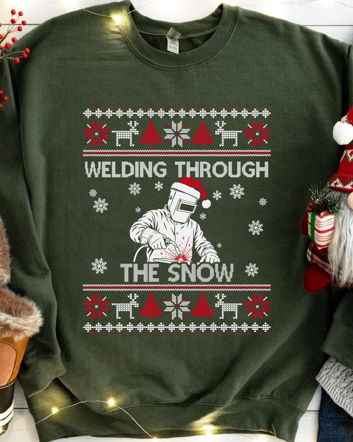Welding Through the Snow Welder Christmas Sweatshirt in Military Green