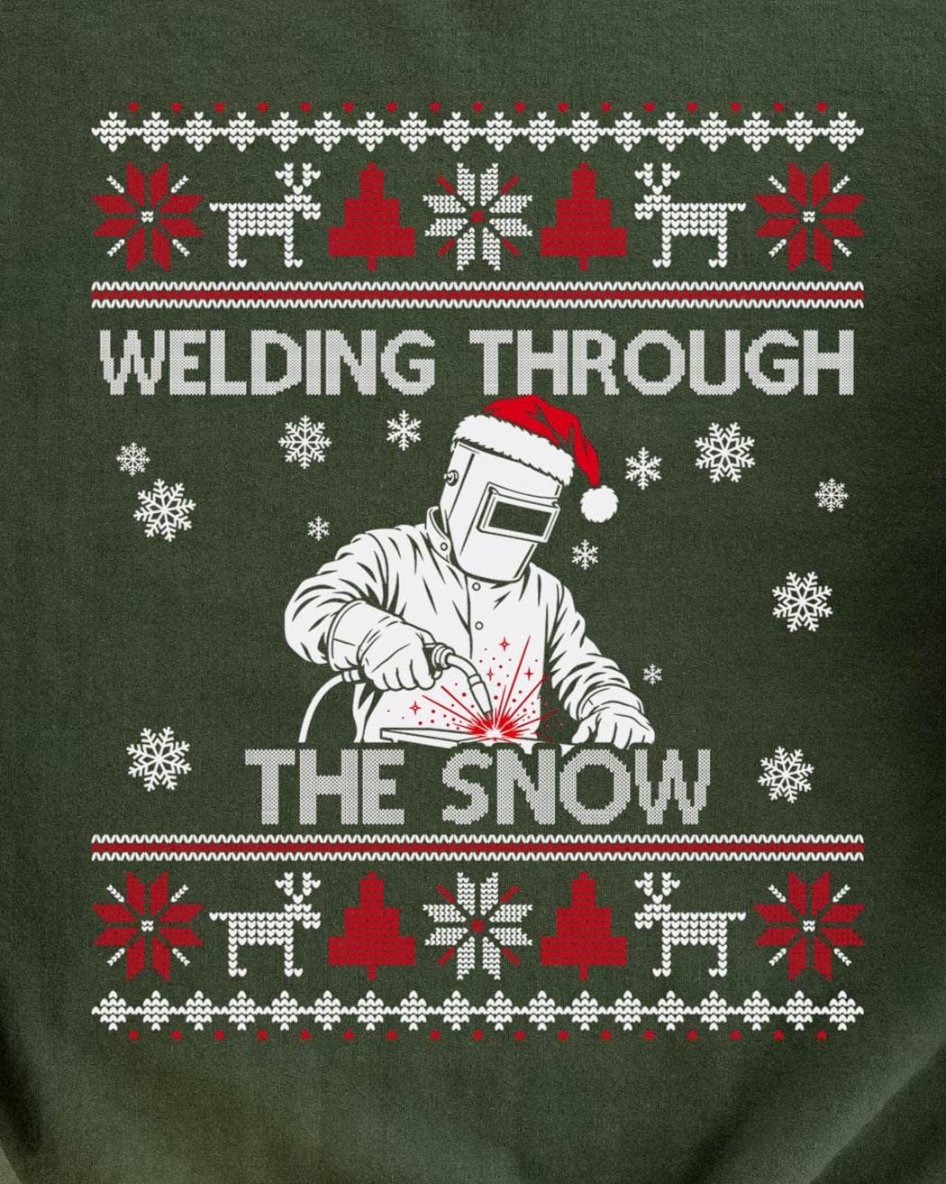 Welding Through the Snow Welder Christmas Sweatshirt - close-up of the ugly sweater knit design