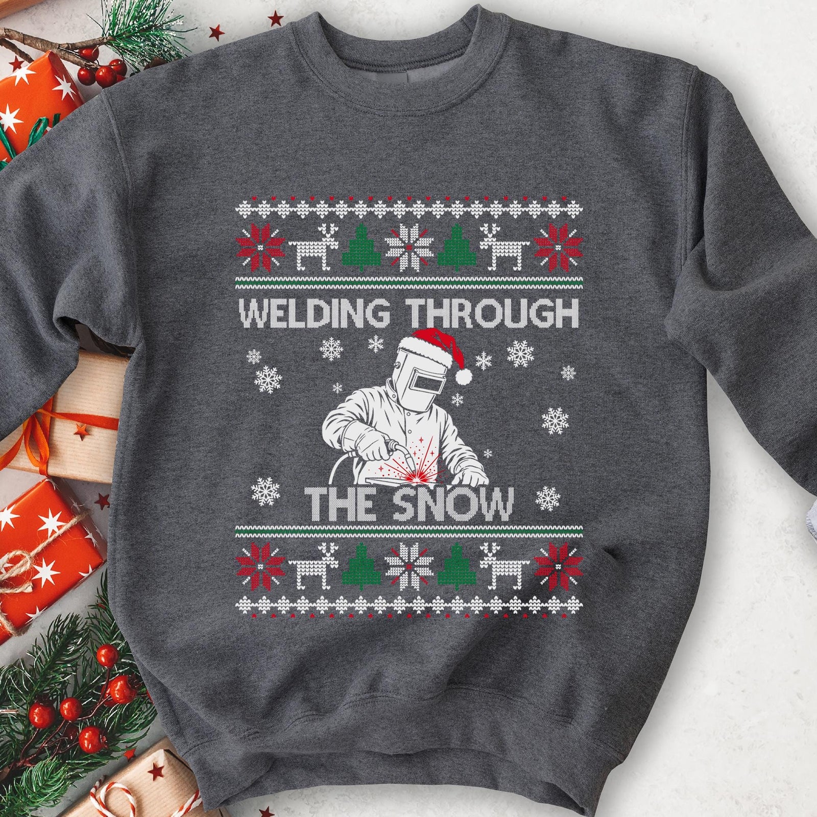 Welding Through the Snow Welder Christmas Sweatshirt in Dark Heather