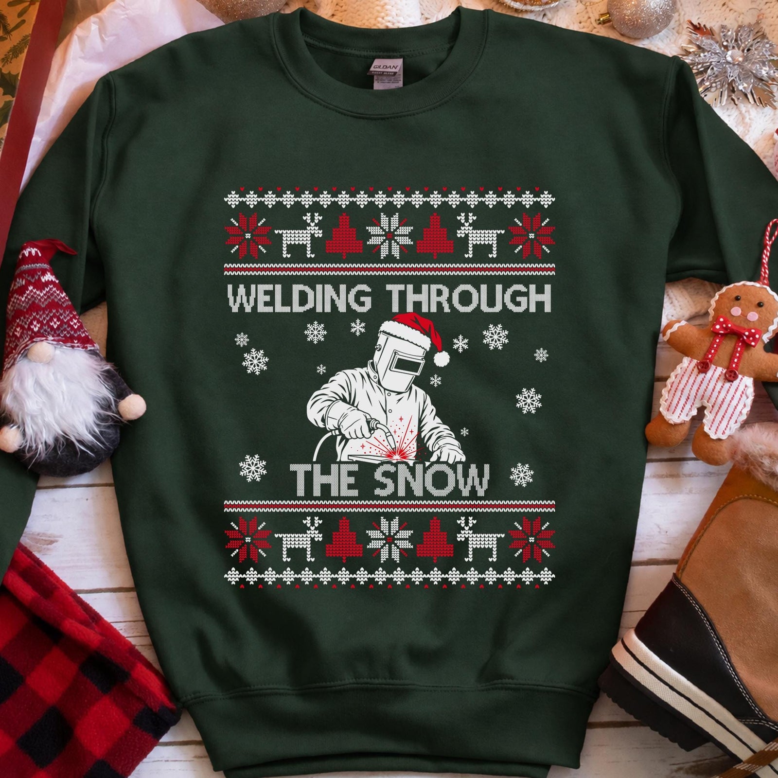 Welding Through the Snow Welder Christmas Sweatshirt in Forest Green