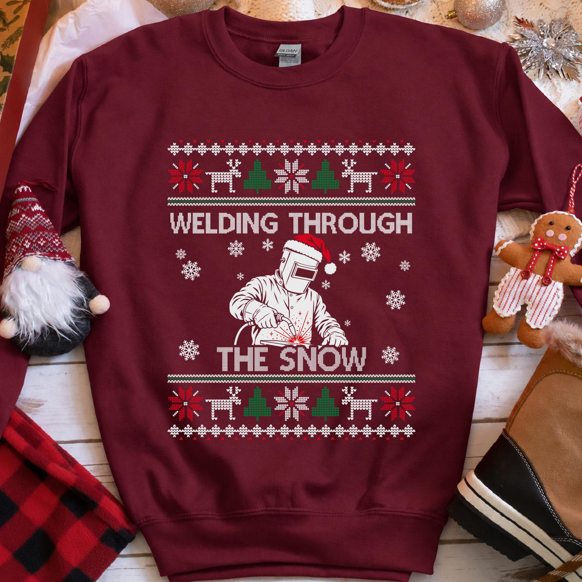Welding Through the Snow Welder Christmas Sweatshirt in Maroon