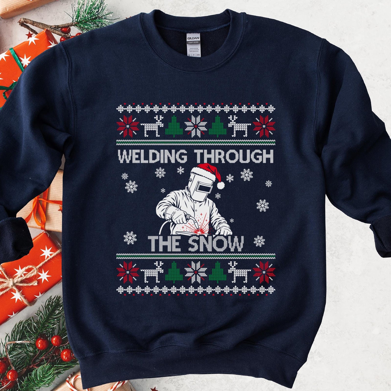 Welding Through the Snow Welder Christmas Sweatshirt in Navy