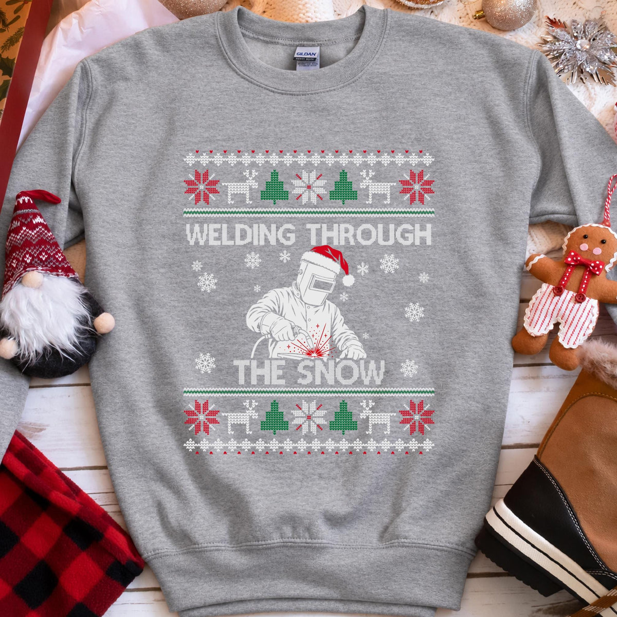 Welding Through the Snow Welder Christmas Sweatshirt in Sport Grey