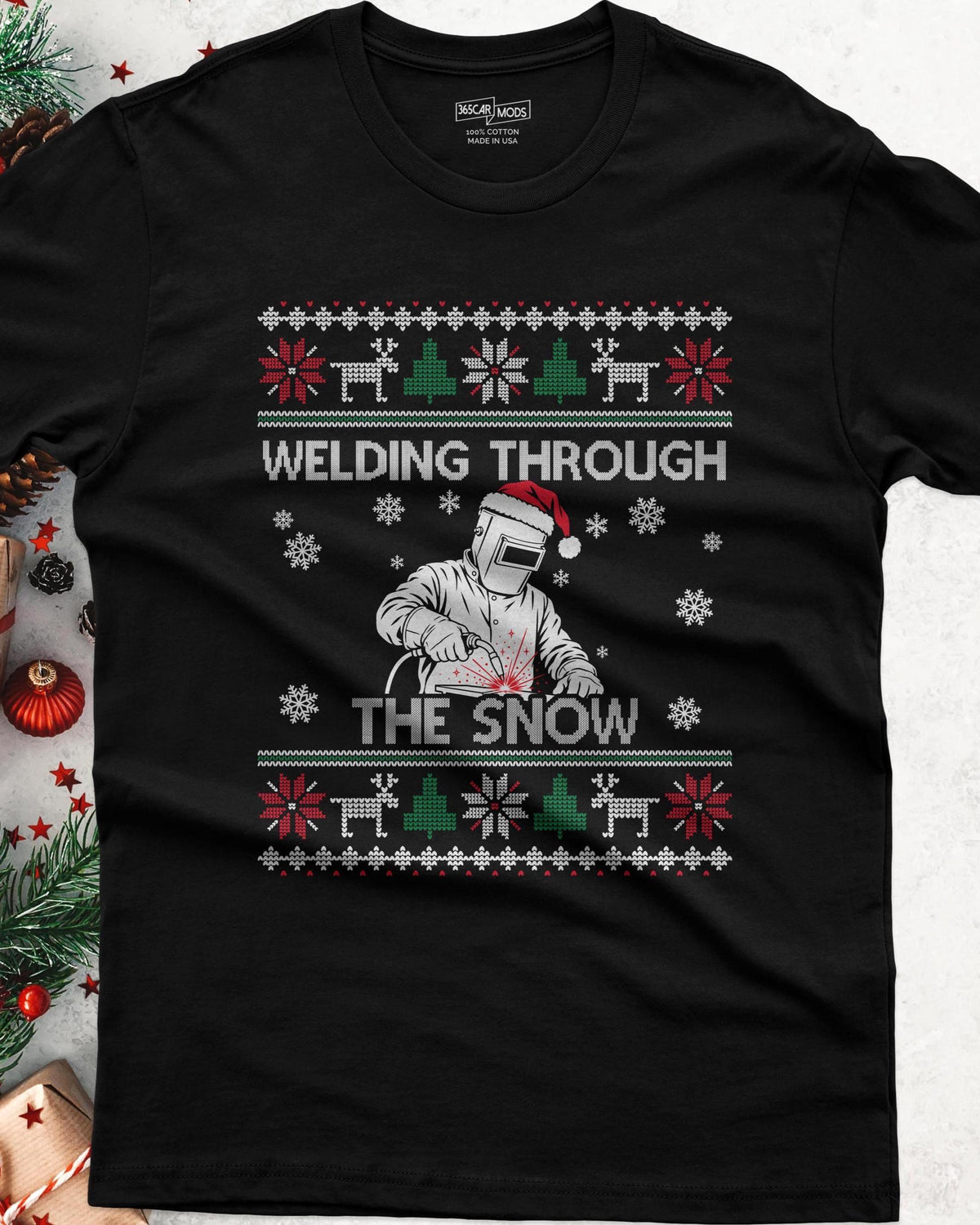 Welding Through the Snow Welder Christmas T-Shirt - black tee, welder in a hood and Santa hat with sparks