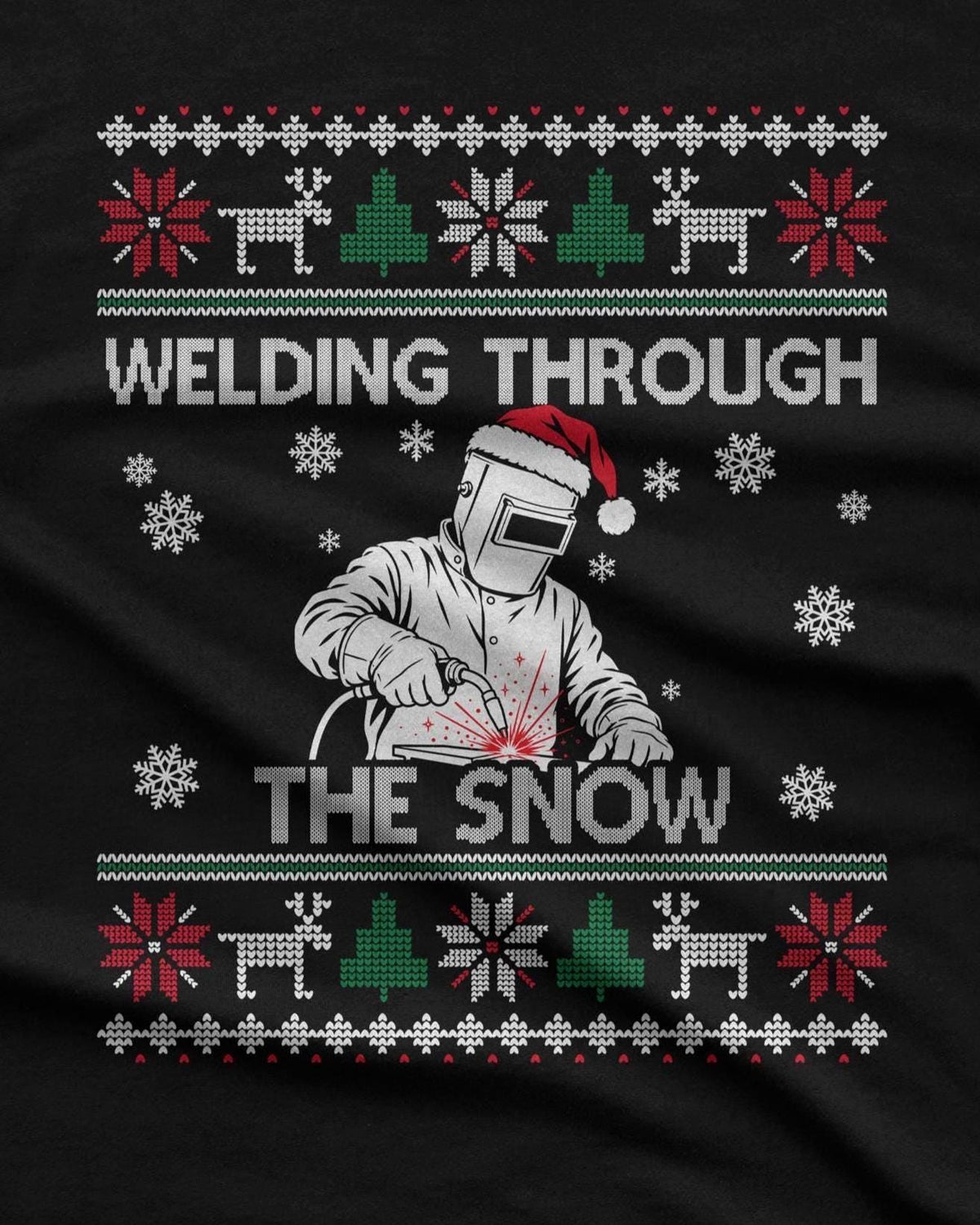 Welding Through the Snow Welder Christmas T-Shirt - close-up of the ugly sweater knit design