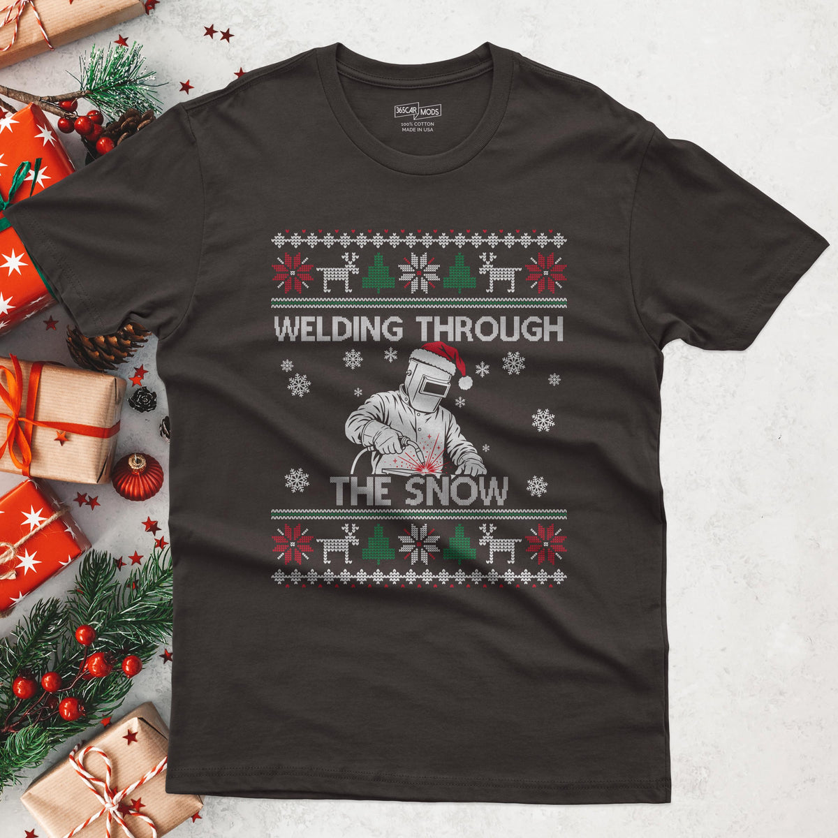 Welding Through the Snow Welder Christmas T-Shirt in Dark Chocolate