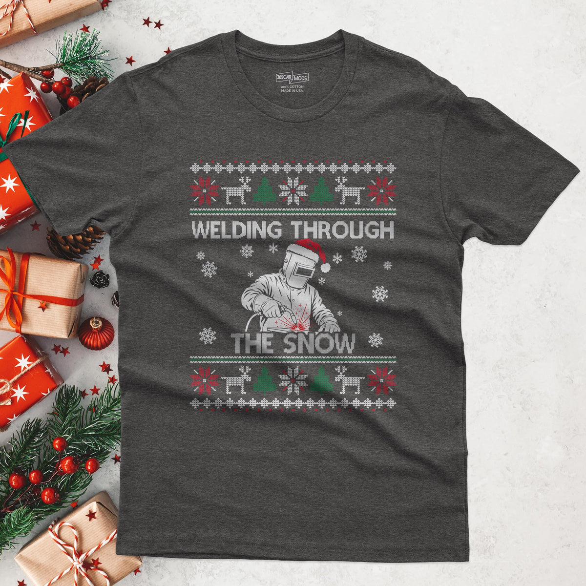 Welding Through the Snow Welder Christmas T-Shirt in Dark Heather
