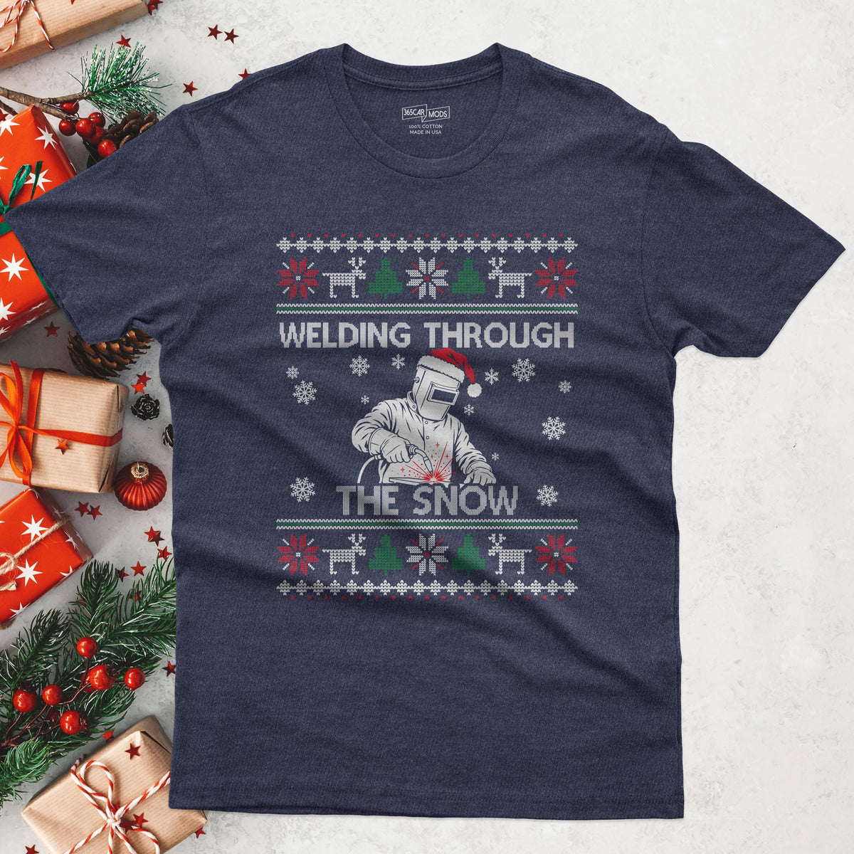Welding Through the Snow Welder Christmas T-Shirt in Heather Navy
