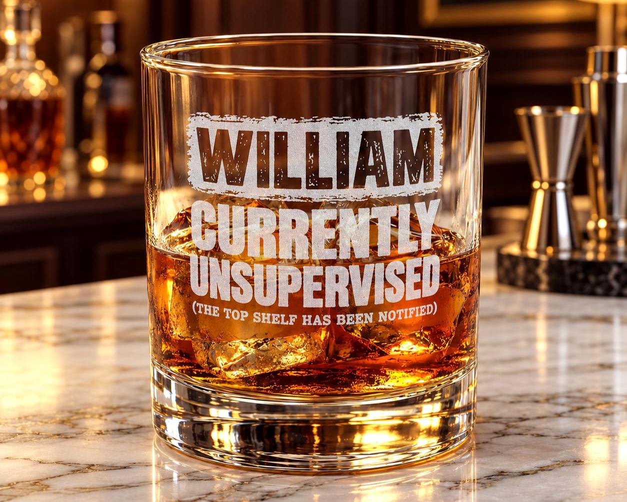 Currently Unsupervised Personalized Whiskey Glass - bar counter with ice and whiskey