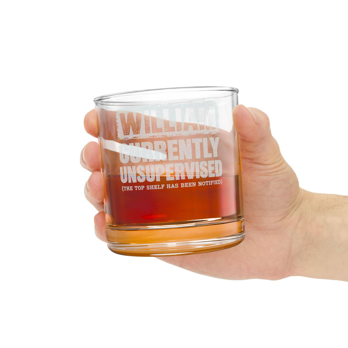 Currently Unsupervised Personalized Whiskey Glass - glass held in hand, size view