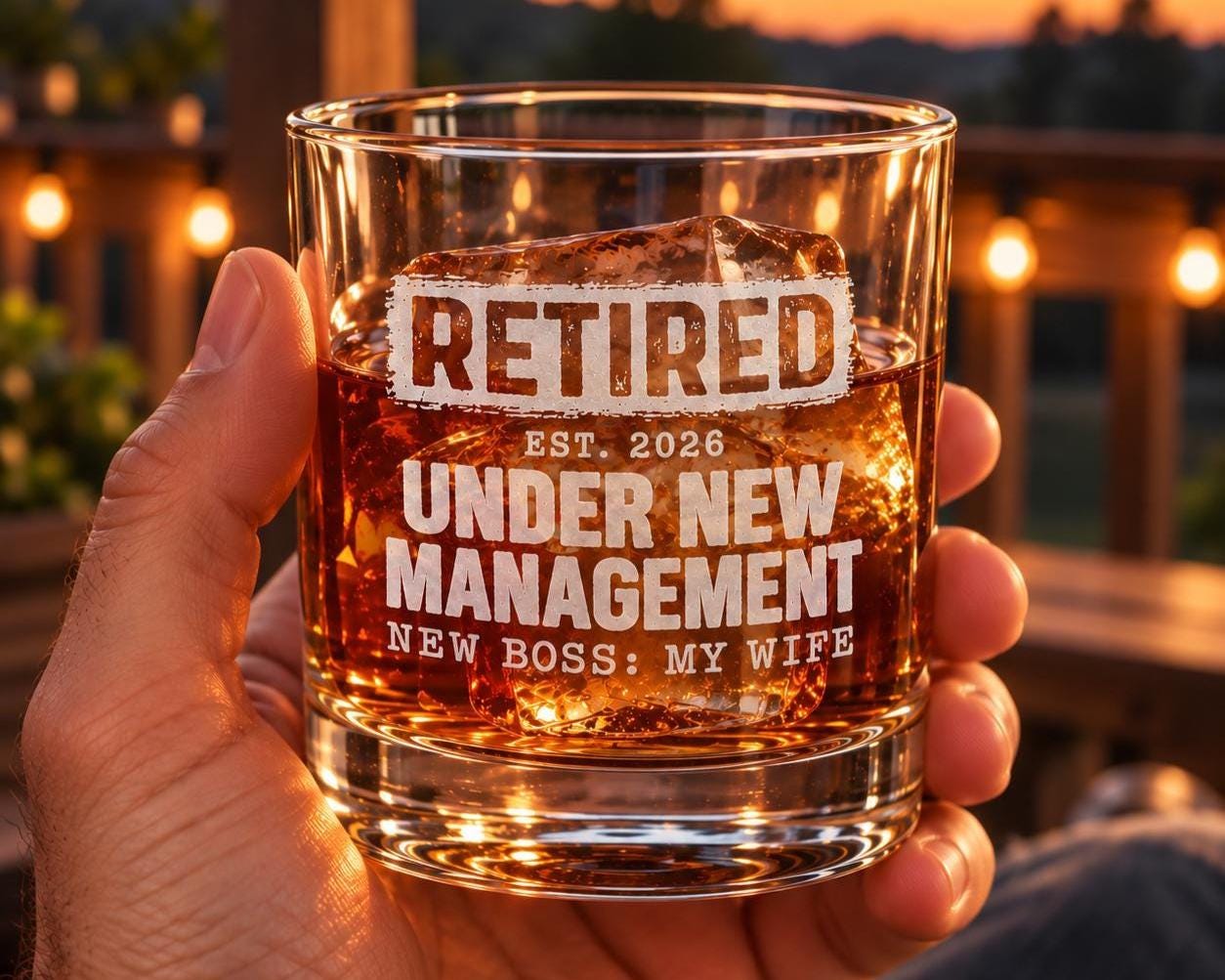Retired Under New Management Whiskey Glass - glass held in hand with whiskey at a bar