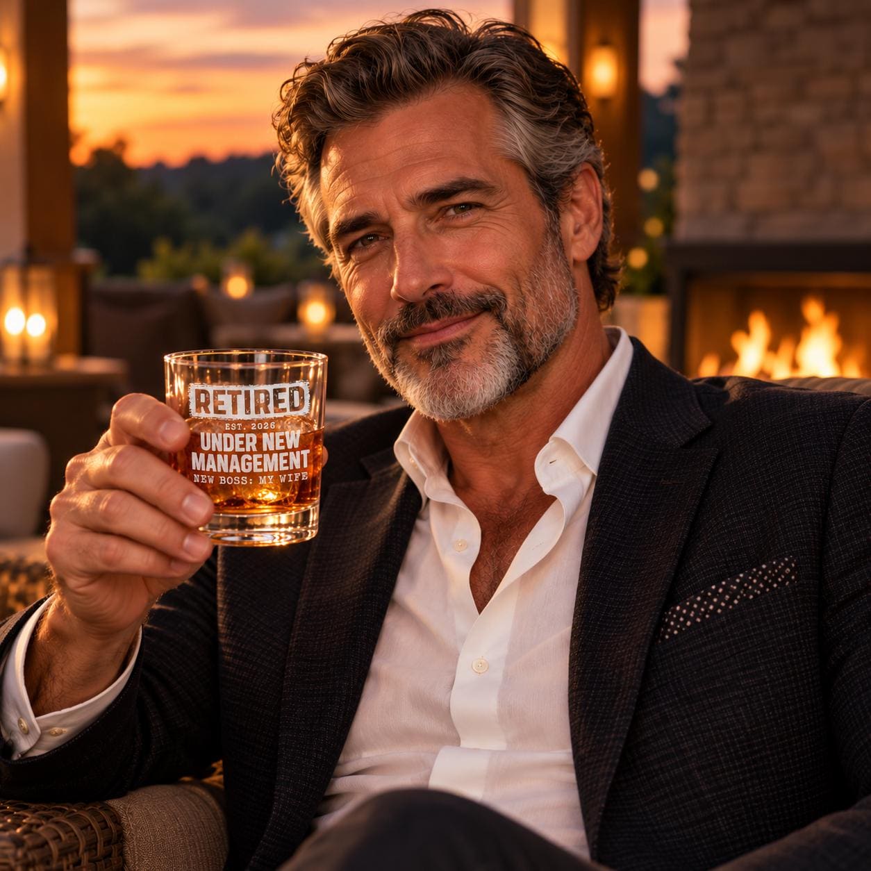 Retired Under New Management Whiskey Glass - glass held in hand with whiskey at a bar