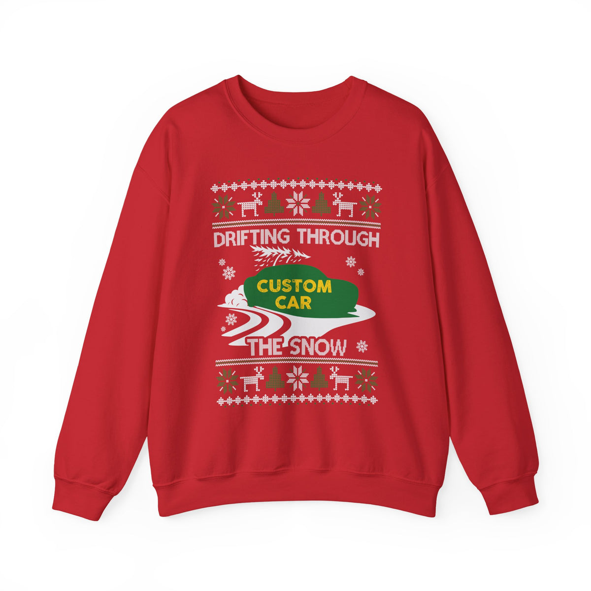 Drift Car Ugly Christmas Sweatshirt flat lay | car enthusiast holiday gift