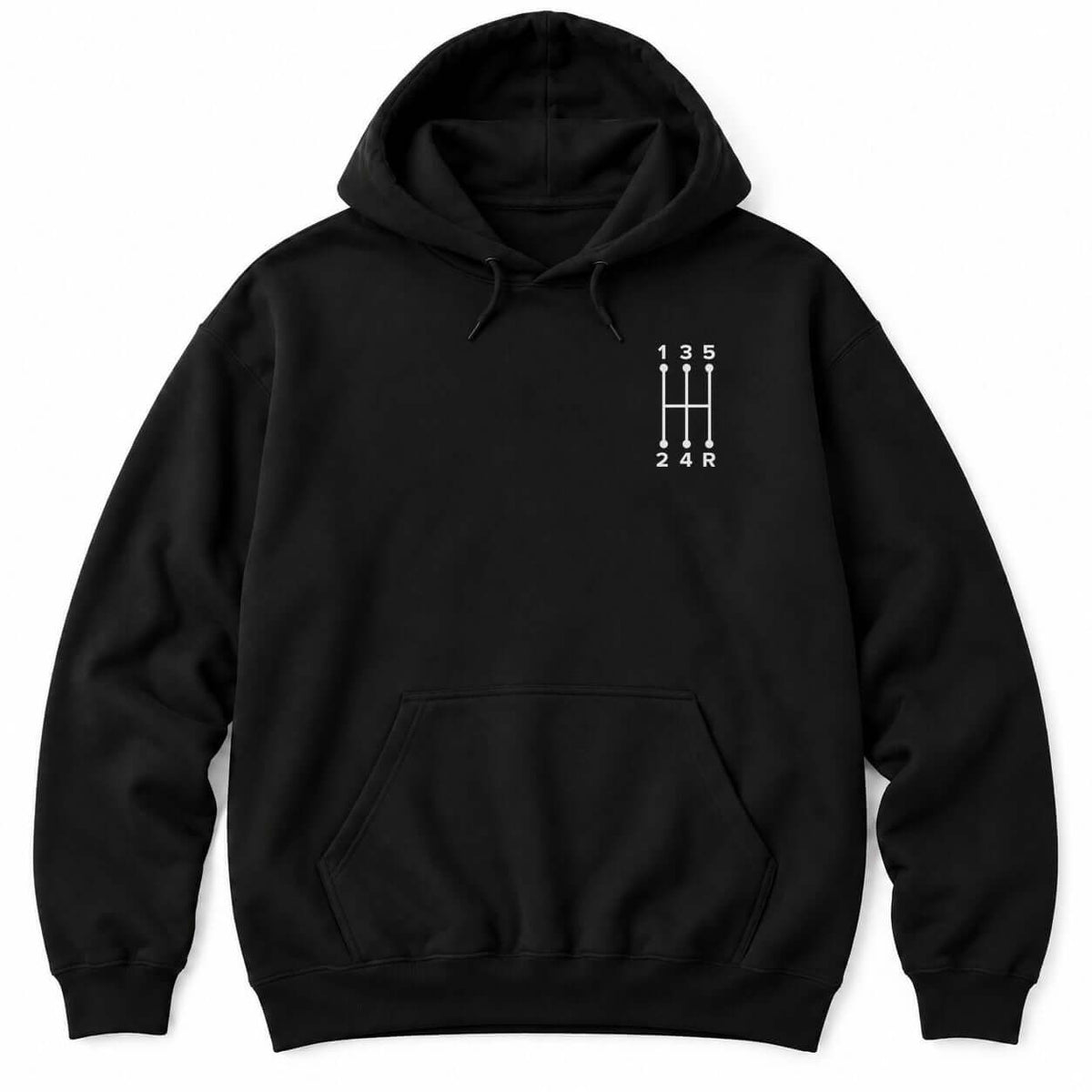 Black hoodie with a small white five-speed manual shift pattern showing gears 1 to 5 and R