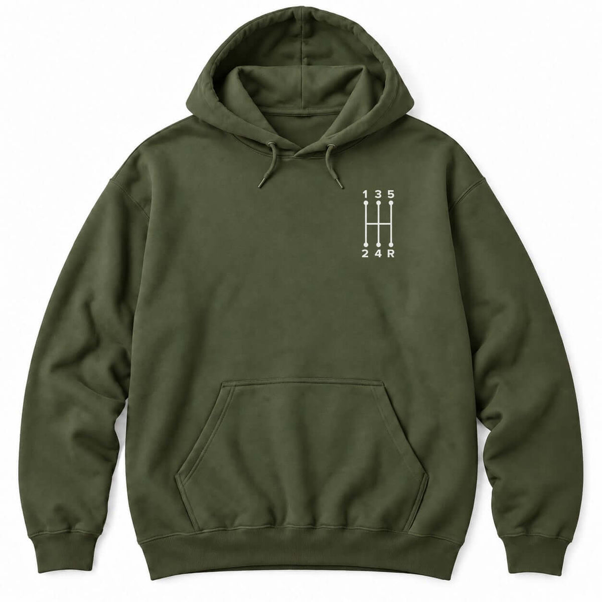 Military Green hoodie with a small white five-speed manual shift pattern showing gears 1 to 5 and R