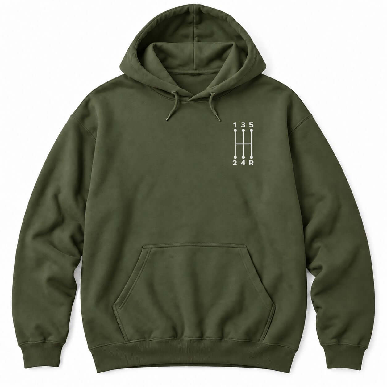 Military Green hoodie with a small white five-speed manual shift pattern showing gears 1 to 5 and R