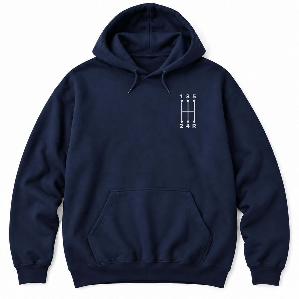 Navy hoodie with a small white five-speed manual shift pattern showing gears 1 to 5 and R