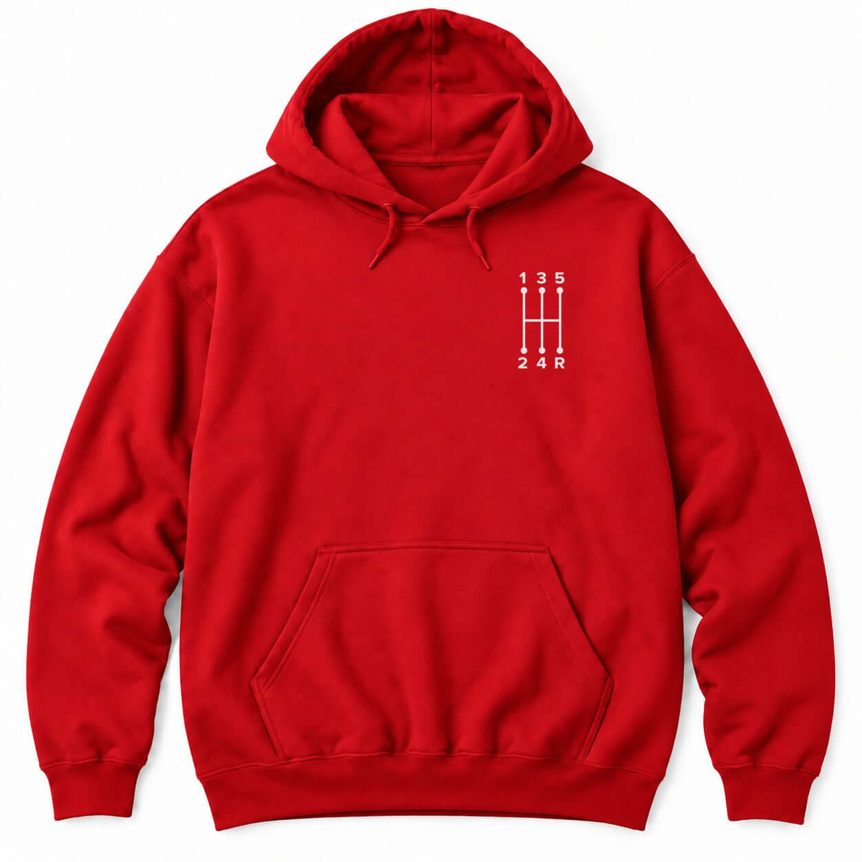 Red hoodie with a small white five-speed manual shift pattern showing gears 1 to 5 and R
