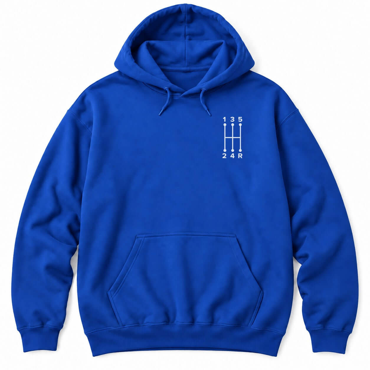 Royal hoodie with a small white five-speed manual shift pattern showing gears 1 to 5 and R