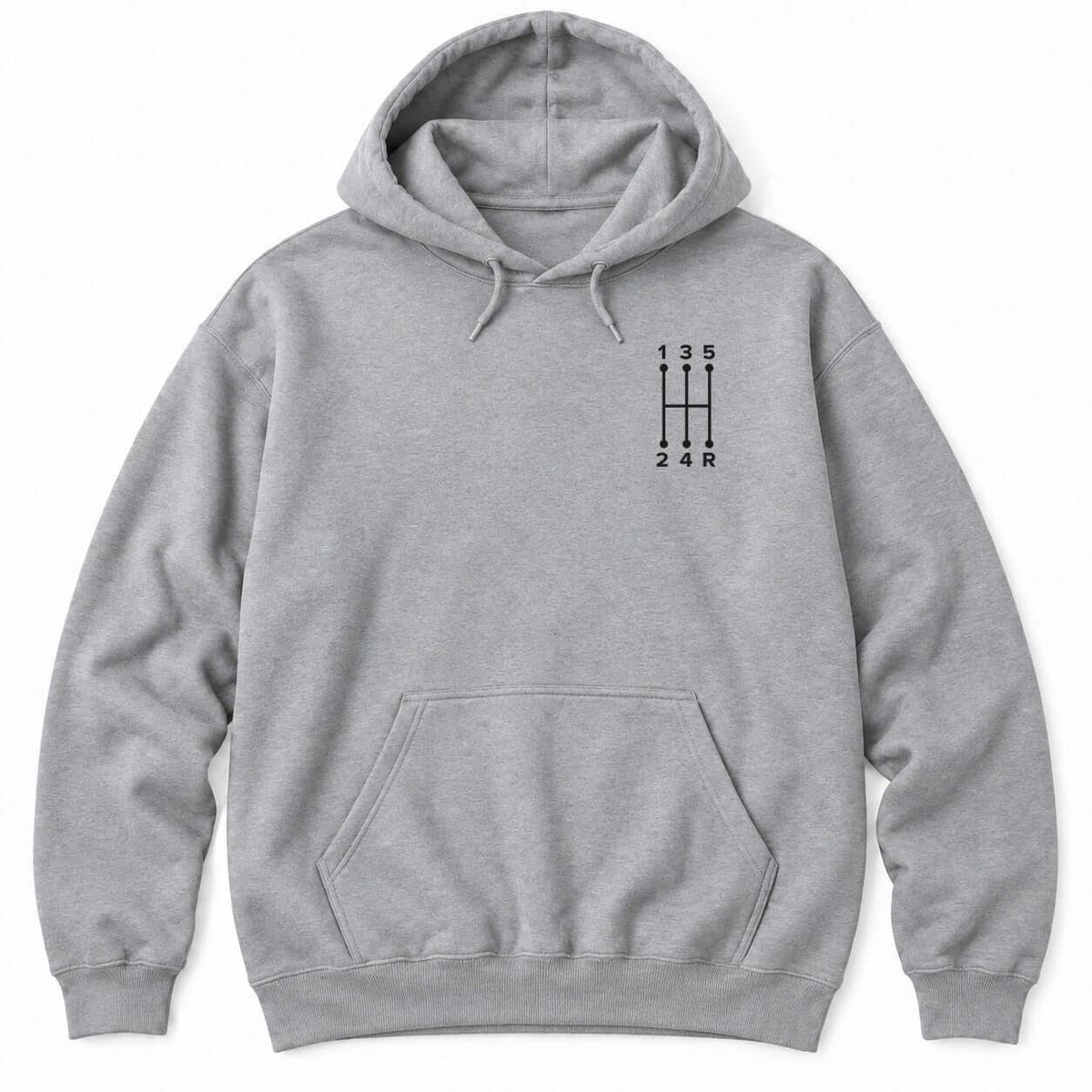Sport Grey hoodie with a small white five-speed manual shift pattern showing gears 1 to 5 and R