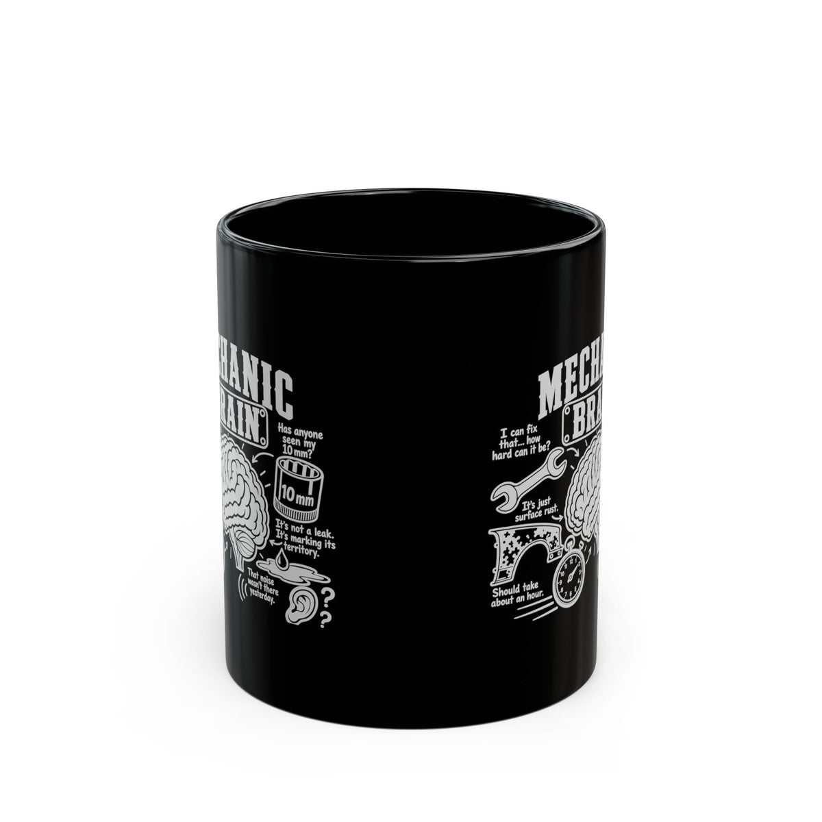 Mechanic Brain Coffee Mug - 11oz black coffee mug, front view with print on both sides