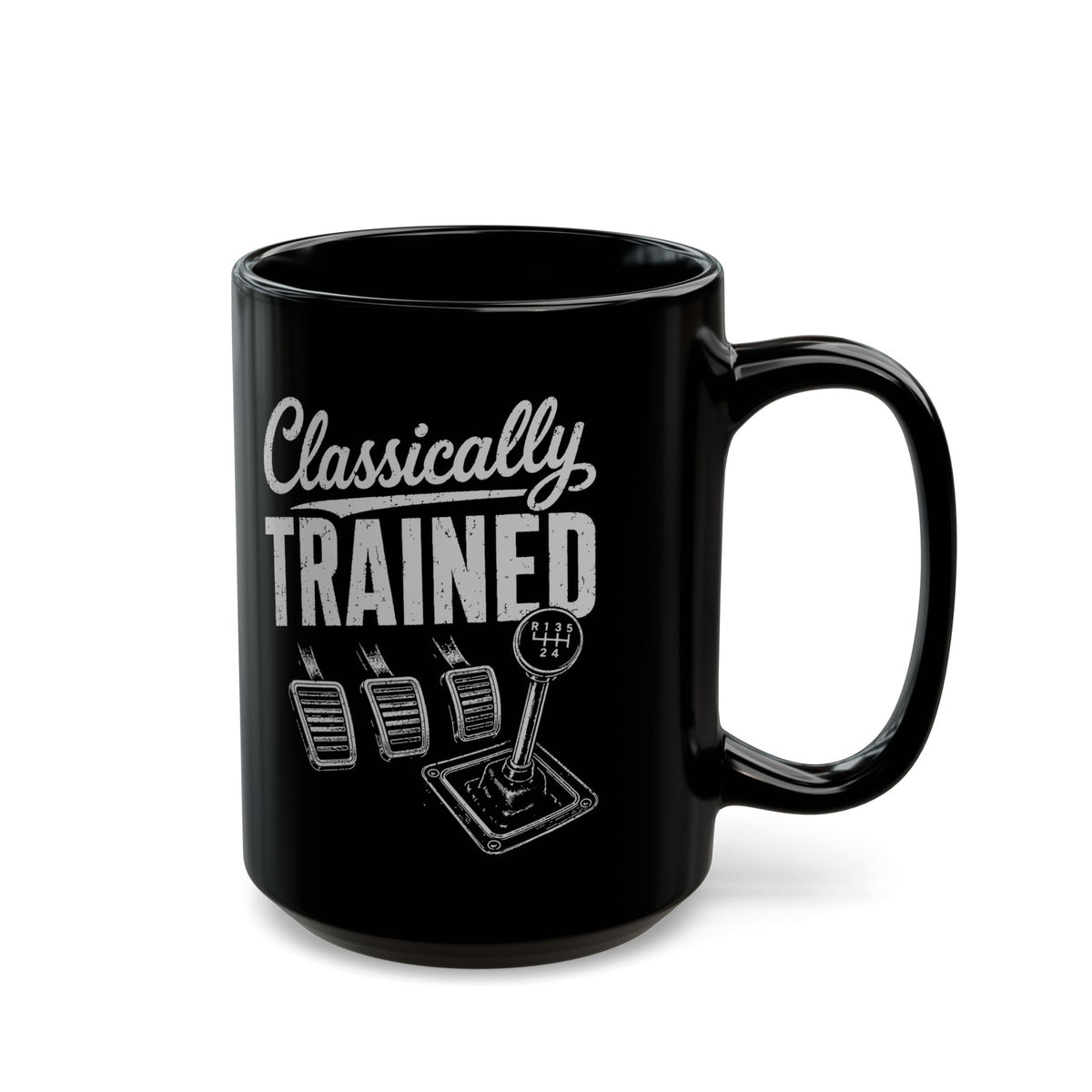 Classically Trained Manual Driver Mug - 15oz black coffee mug, handle on the right