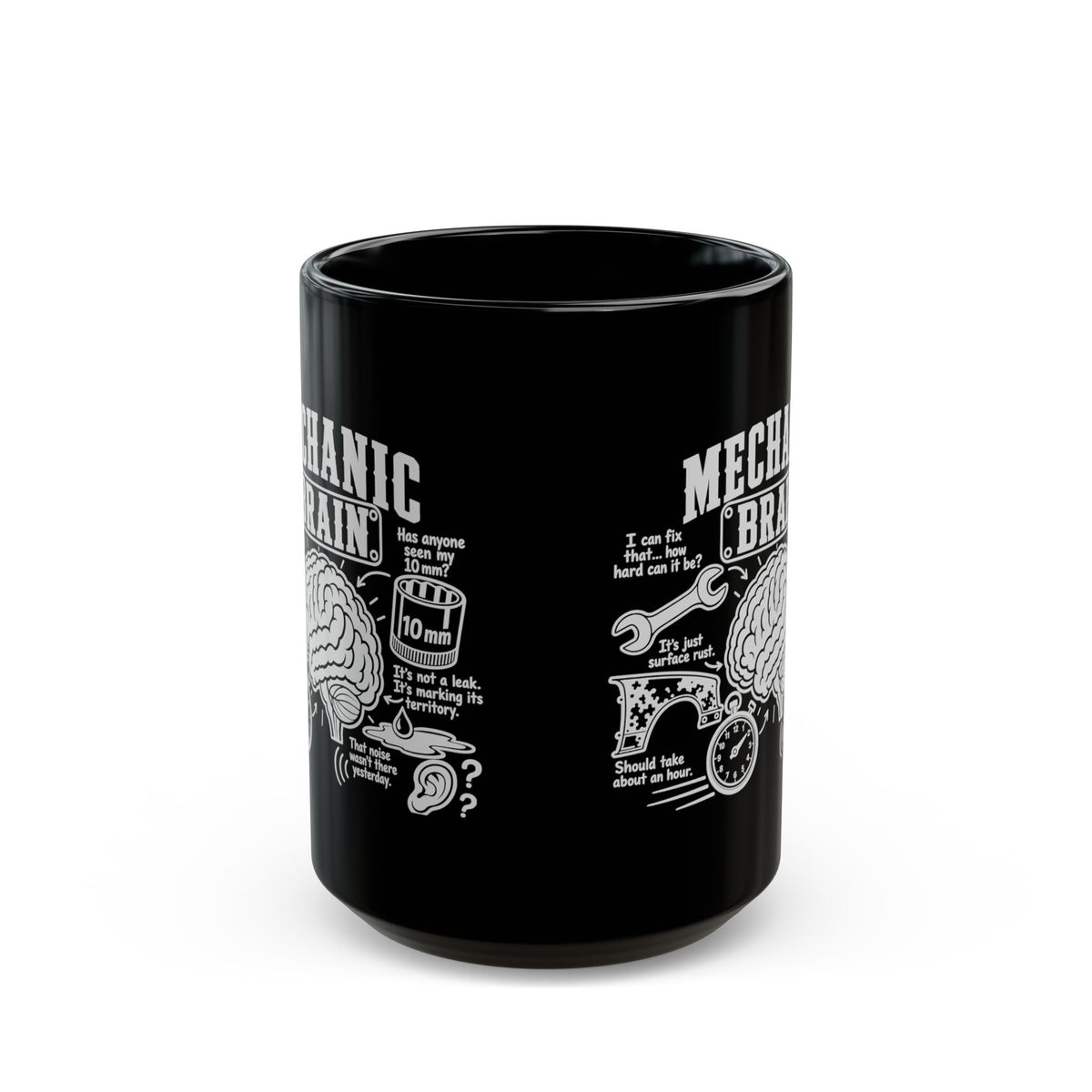 Mechanic Brain Coffee Mug - 15oz black coffee mug, front view with print on both sides