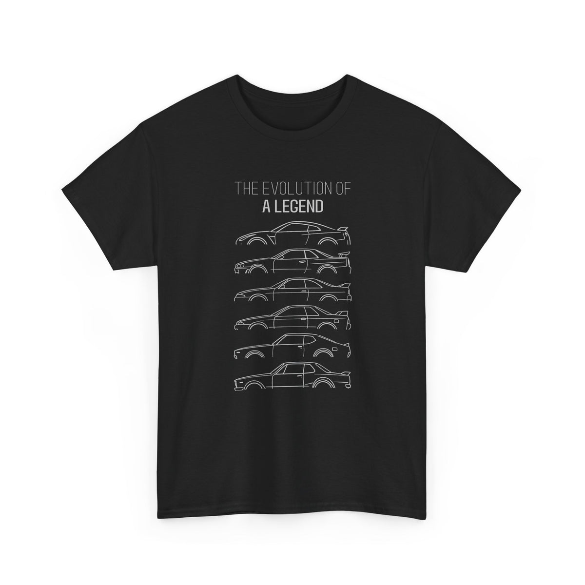 Skyline GTR Evolution JDM Legend T-Shirt flat lay | R32 R33 R34 R35 car guy gift