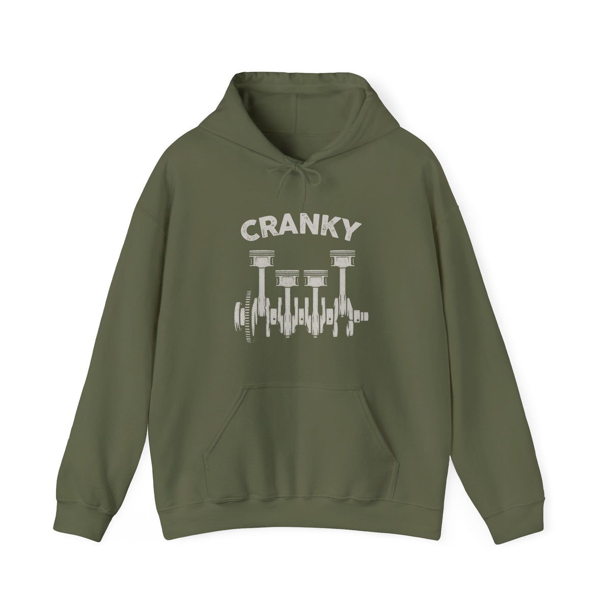 Cranky Mechanic Hoodie close up print detail - crankshaft design for auto mechanics