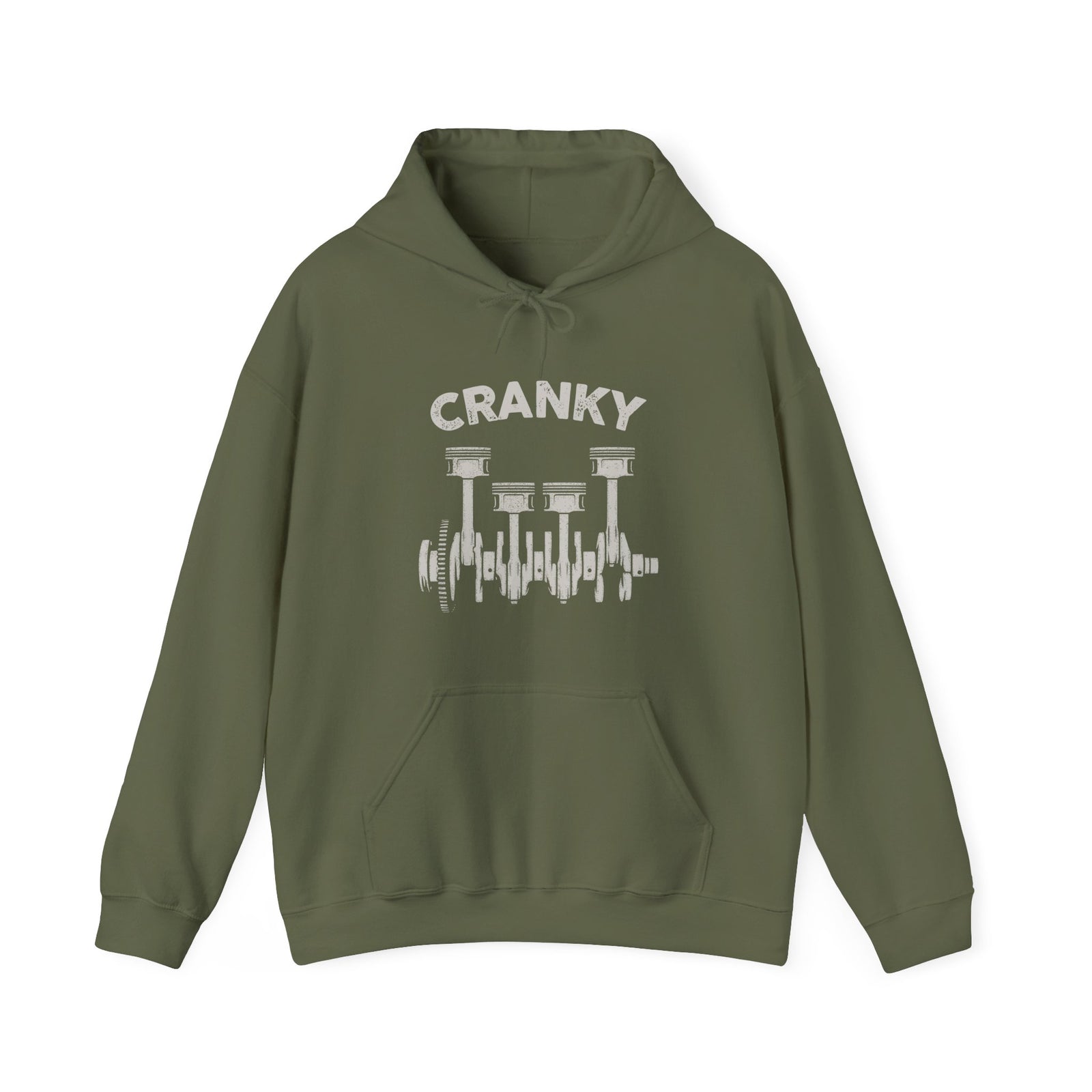 Cranky Mechanic Hoodie close up print detail - crankshaft design for auto mechanics
